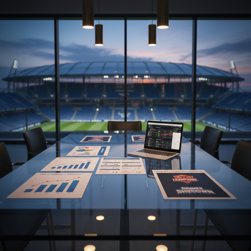 A sleek glass conference table in a modern office overlooking a distant, softly blurred stadium at dusk, captured in photographic realism. On the table sit color-printed marketing strategy boards with attendance graphs, social media mockups, and bold event logos, along with a silver laptop displaying a sports event promotion dashboard. Soft, warm pendant lighting above and cool twilight from the large window combine to create balanced, diffused light with subtle reflections on the table’s surface. The atmosphere feels strategic and focused, emphasizing planning and growth. Shot at an eye-level angle with a shallow depth of field, the documents and laptop are in crisp focus while the stadium outside gently fades into bokeh, reinforcing a polished, results-driven sports marketing narrative.