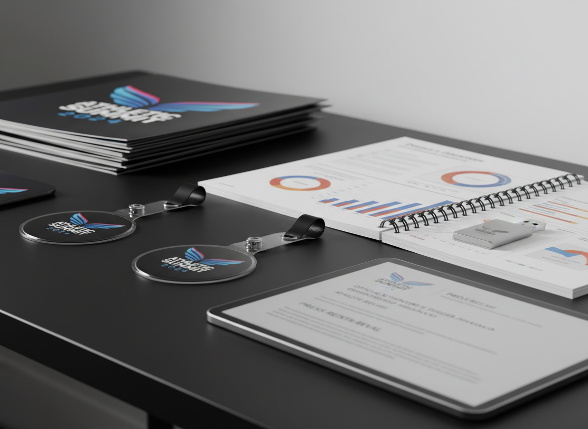 A close-up, photographic-realistic shot of a meticulously arranged sports event media kit laid out on a matte black tabletop. Elements include glossy credential badges with bold event branding, a spiral-bound press booklet with infographics about projected attendance, a USB drive with a custom logo, and a tablet displaying a press release template. Soft studio lighting from the left creates gentle highlights on the laminated surfaces and subtle shadows that add depth. The background is slightly blurred, with only hints of stacked branded folders and a clean white wall. Captured from a slightly elevated angle with a shallow depth of field, the image feels organized, premium, and media-savvy, communicating professionalism in sports publicity and sponsor communication.