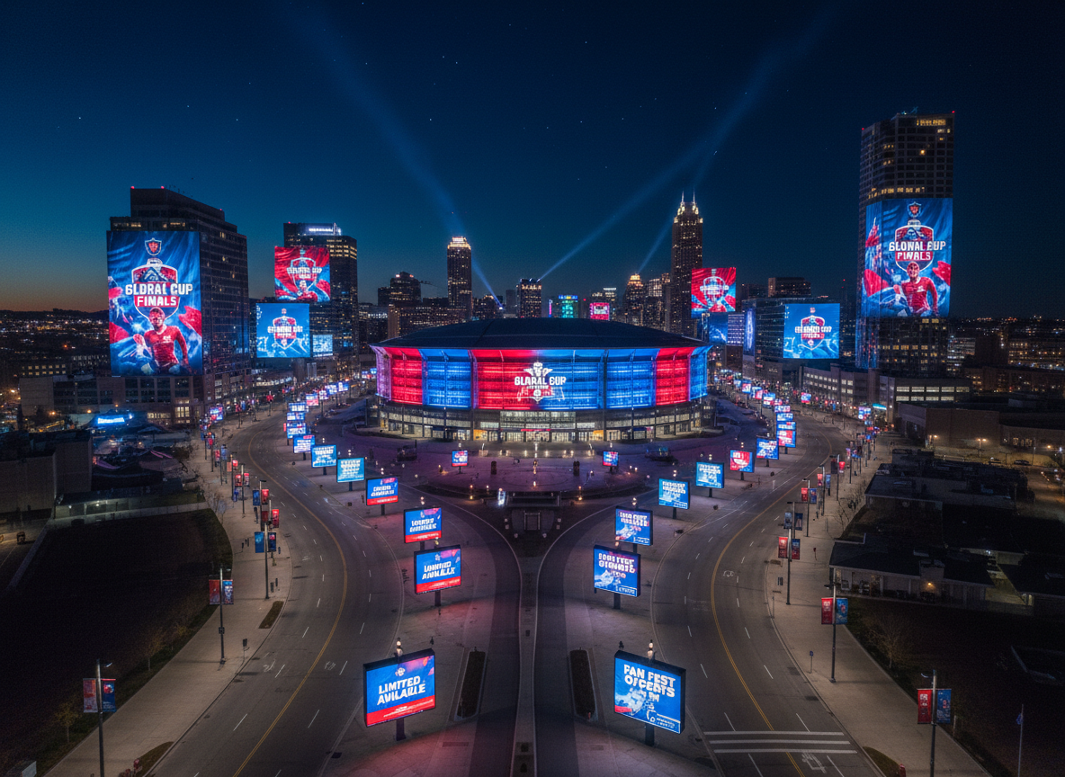 An aerial, photographic-realistic view of a brightly lit downtown sports arena district at night, with illuminated digital billboards, building wraps, and sidewalk signage promoting a major event, yet with streets intentionally empty of people and vehicles. The arena exterior glows in team colors, while branded banners line the pathways leading toward the venue entrances. The lighting is dramatic, with strong contrasts between the deep blue night sky and the saturated neon and LED signage. The composition uses a wide, cinematic frame with leading lines guiding the viewer toward the arena. The mood is energetic, high-stakes, and celebratory, capturing the impact of coordinated sports marketing and publicity on an entire cityscape.